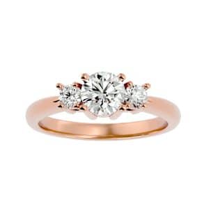 round cut classic side stones tapered plain band three stone engagement ring with 18k rose gold metal and round shape diamond