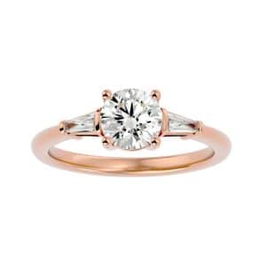 round cut tapered baguette high dome plain band three stone engagement ring with 18k rose gold metal and round shape diamond