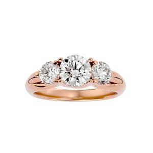 round cut split shank flare rounded edge plain band three stone engagement ring with 18k rose gold metal and round shape diamond