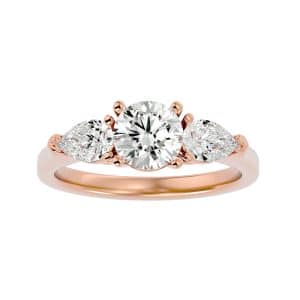 round cut pear shape side stone flat plain band three stone engagement ring with 18k rose gold metal and round shape diamond