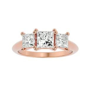 princess cut knife edge plain band three stone engagement ring with 18k rose gold metal and princess shape diamond