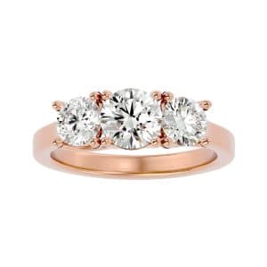 round cut bezel trio plain band three stone engagement ring with 18k rose gold metal and round shape diamond