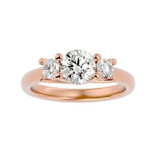 round cut bezel shared-claw trio plain band three stone engagement ring with 18k rose gold metal and round shape diamond