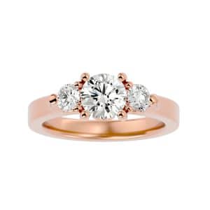 round cut flower claw tapered plain band three stone engagement ring with 18k rose gold metal and round shape diamond