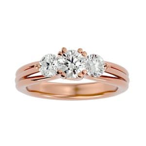 round cut floating trio twisted-claws plain band three stone engagement ring with 18k rose gold metal and round shape diamond