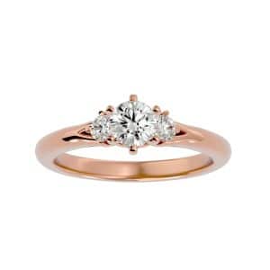 round cut 6 claws split shank plain band three stone engagement ring with 18k rose gold metal and round shape diamond