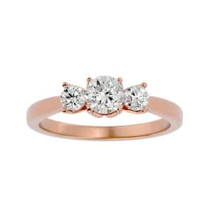 round cut petite flower claws tapered plain band three stone engagement ring with 18k rose gold metal and round shape diamond