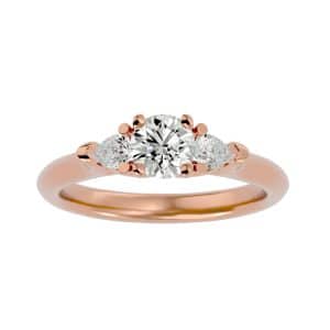 round cut pear side stone heart claws plain band three stone engagement ring with 18k rose gold metal and round shape diamond