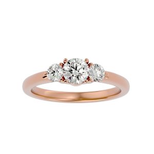 round cut classic trio plain band three stone engagement ring with 18k rose gold metal and princess shape diamond