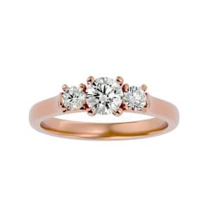 round cut cathedral trio bezel plain band three stone engagement ring with 18k rose gold metal and round shape diamond
