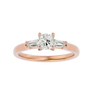 round cut tapered baguette petite rounded edge plain band three stone engagement ring with 18k rose gold metal and round shape diamond