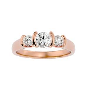 round cut bar set floating plain band three stone engagement ring with 18k rose gold metal and round shape diamond