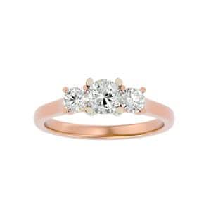 round cut traditional trio plain band three stone engagement ring with 18k rose gold metal and round shape diamond