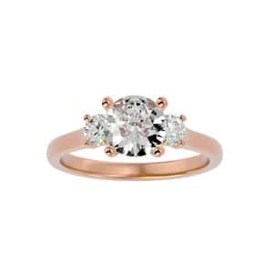round cut classic shared claws three stone plain band engagement ring with 18k rose gold metal and round shape diamond