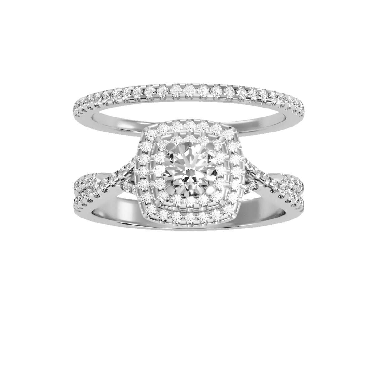 Round Cut Double Square Halo Crossed Band with Matching Wedding Band