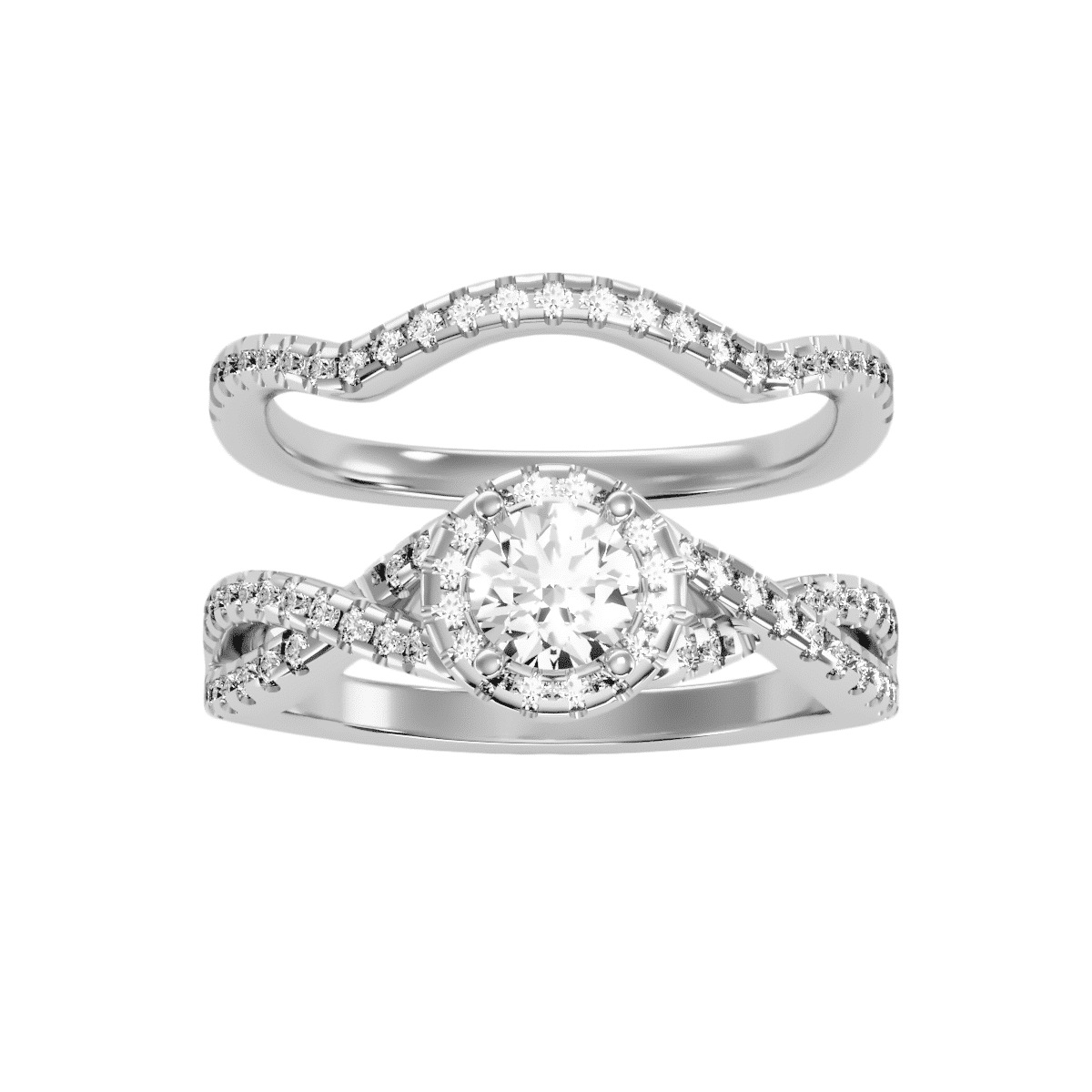 Round Cut Halo Cross-Shank With Matching Wedding Band