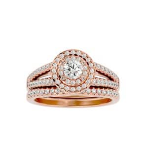 round double halo split-shank engagement ring with matching wedding band with 18k rose gold metal and round shape diamond