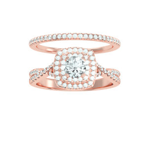 round cut double square halo crossed band with matching wedding band with 18k rose gold metal and round shape diamond