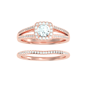 round cut sqare halo split-shank with matching wedding band with 18k rose gold metal and round shape diamond