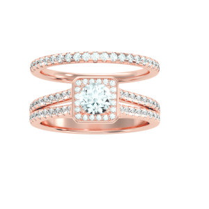 round cut bezel halo split-shank with matching wedding band with 18k rose gold metal and round shape diamond