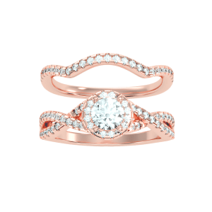 round cut halo cross-shank with matching wedding band with 18k rose gold metal and round shape diamond