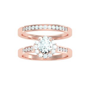 round cut halo channel-set with matching wedding band with 18k rose gold metal and round shape diamond