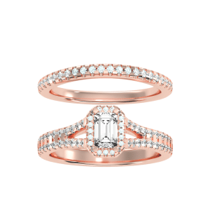 open shank diamond halo engagement ring with matching wedding band with 18k rose gold metal and emerald shape diamond