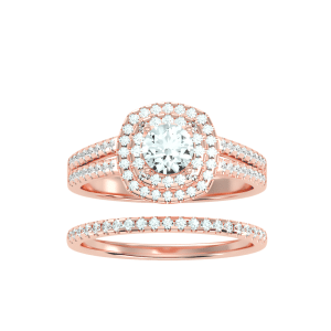 round cut double halo open-shank with matching wedding band with 18k rose gold metal and round shape diamond