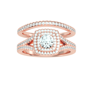 round cut double square halo split-shank with matching wedding band with 18k rose gold metal and round shape diamond