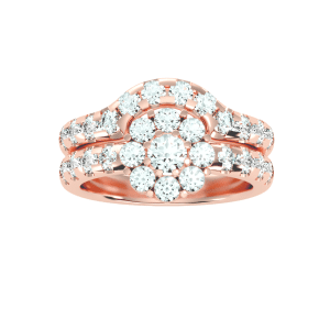 round cut flower cluster-halo with matching wedding band with 18k rose gold metal and round shape diamond