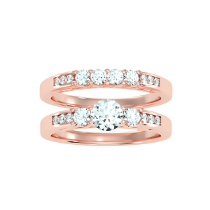 round cut three stone channel-set with matching wedding band with 18k rose gold metal and round shape diamond
