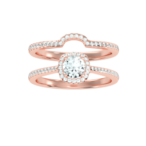round cut halo petite pave-set with matching wedding band with 18k rose gold metal and round shape diamond