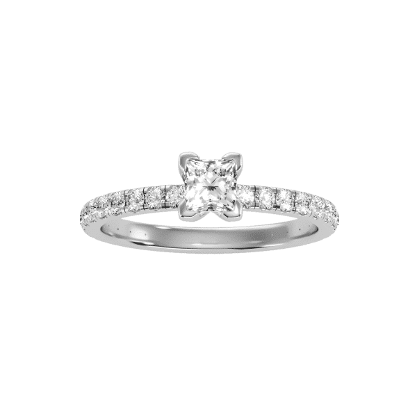 Princess Cut 4 Claws Pave-Set Diamond Solitaire Engagement Ring