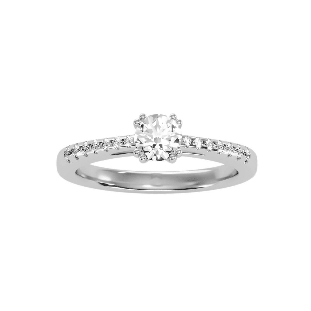 Round Cut Double Claws Tapered Pave-Set Diamond Solitaire Engagement Ring