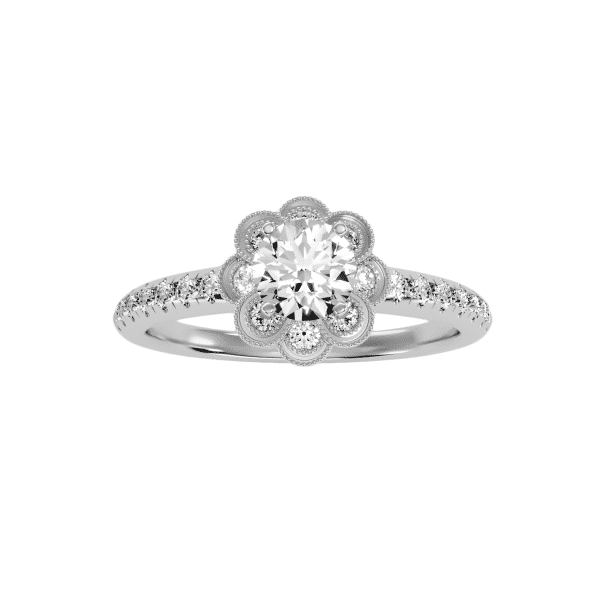 Round Cut Milgrain Flower Halo Pave-Set Diamond Engagement Ring