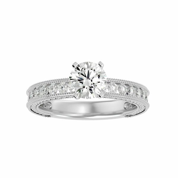 Round Cut Vintage Milgrain Carved Floating Channel-Set Solitaire Diamond Engagement Ring