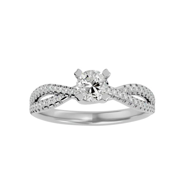 Round Cut Floating Crossed Petite Pave-Set Diamond Solitaire Engagement Ring