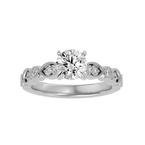 Round Cut Milgrain Marquise and Round Pinpoint Nested Diamond Solitaire Engagement Ring