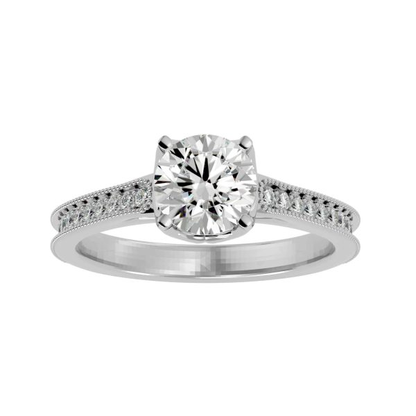 Round Cut Milgrain Deep Channel Pinpoint-Set Vintage Solitaire Diamond Engagement Ring