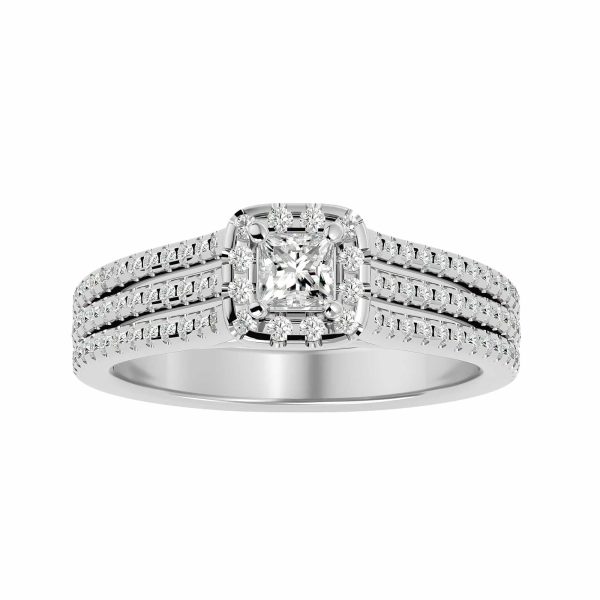 Princess Cut Triple Band Pave-Set Halo Diamond Engagement Ring
