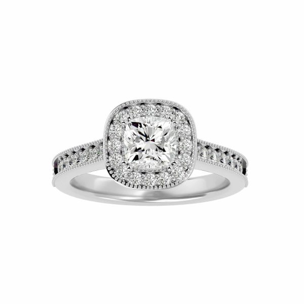 Cushion Cut Milgrain Pinpointed-Set Halo Diamond Engagement Ring
