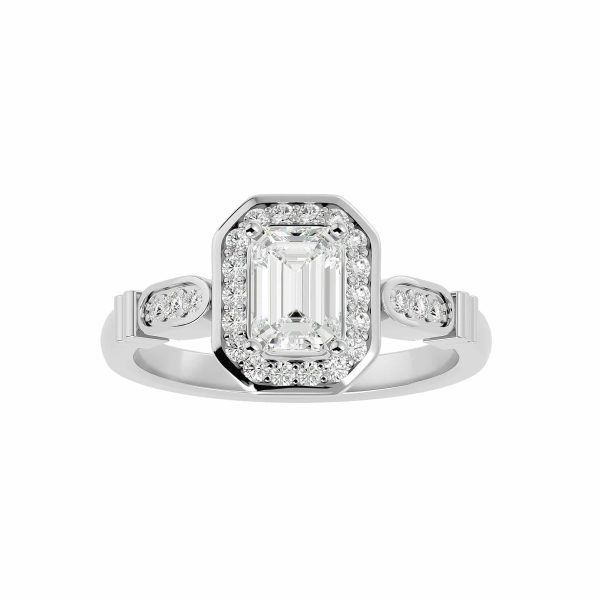 Emerald Cut Pinpointed-Set Oval Rail Halo Diamond Engagement Ring