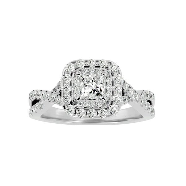 Princess Cut Crossed Band Double Halo Pave-Set Diamond Engagement Ring