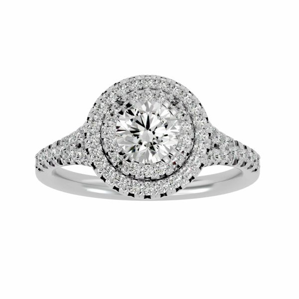 Round Cut Double Halo Cathedral Split Shank Pave-Set Diamond Engagement Ring