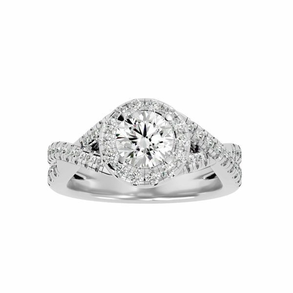 Round Cut Twisted Band Bridged Pave-Set Halo Diamond Engagement Ring
