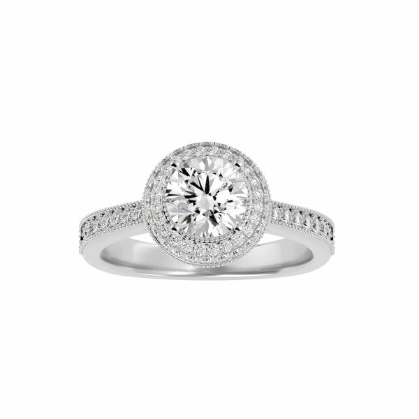 Round Cut Milgrain MicroPave Halo Pinpointed-Set Diamond Engagement Ring