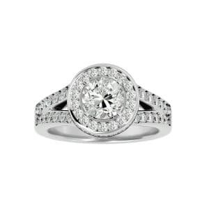 round cut diamond bezel pinpointed-set halo split shank engagement ring with 18k rose gold metal and cushion shape diamond