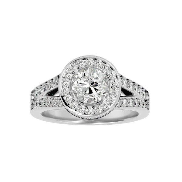 Round Cut Diamond Bezel Pinpointed-Set Halo Split Shank Engagement Ring