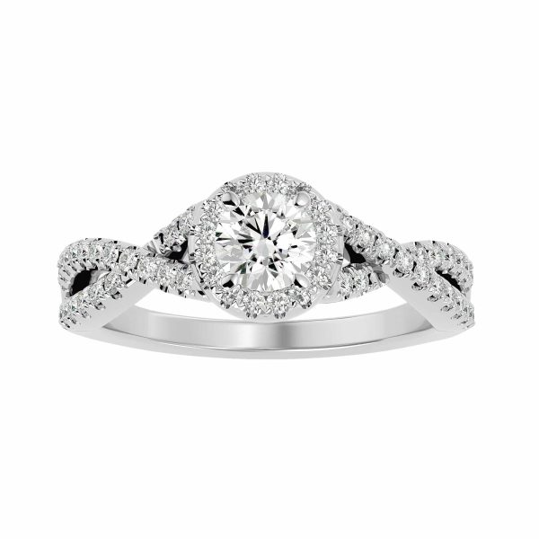 Round Cut Ribbon Crossed Band Pave-Set Halo Diamond Engagement Ring