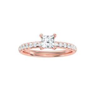 princess cut 4 claws pave-set diamond engagement ring with 18k rose gold metal and round shape diamond